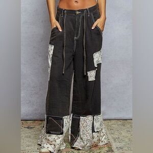 POL NWT 🐈 Pants Black Wide Leg Double Gauze Patch Details Size Small - Large